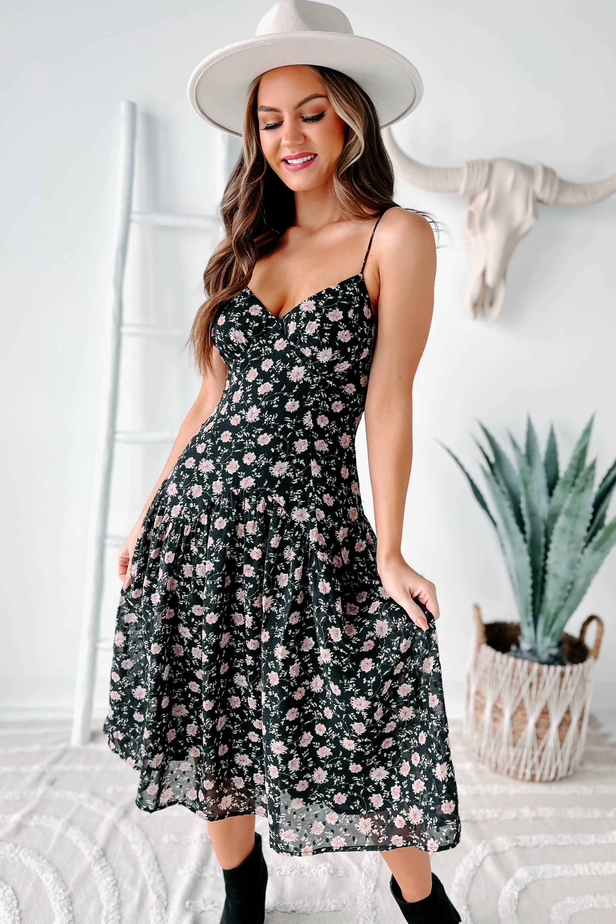 Addicted To You Floral Midi Dress (Black Floral)