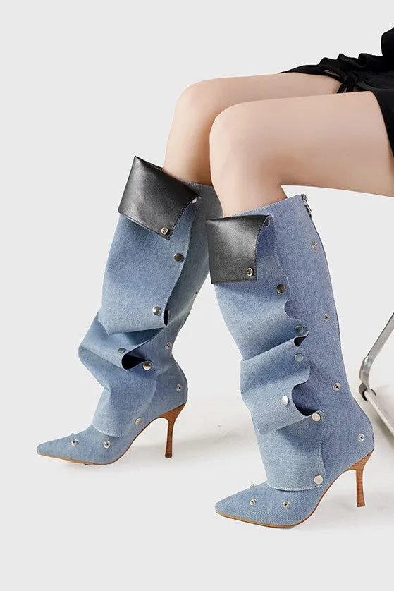 Isabela Appliqu Ruched  Denim Knee-high boots - Blue