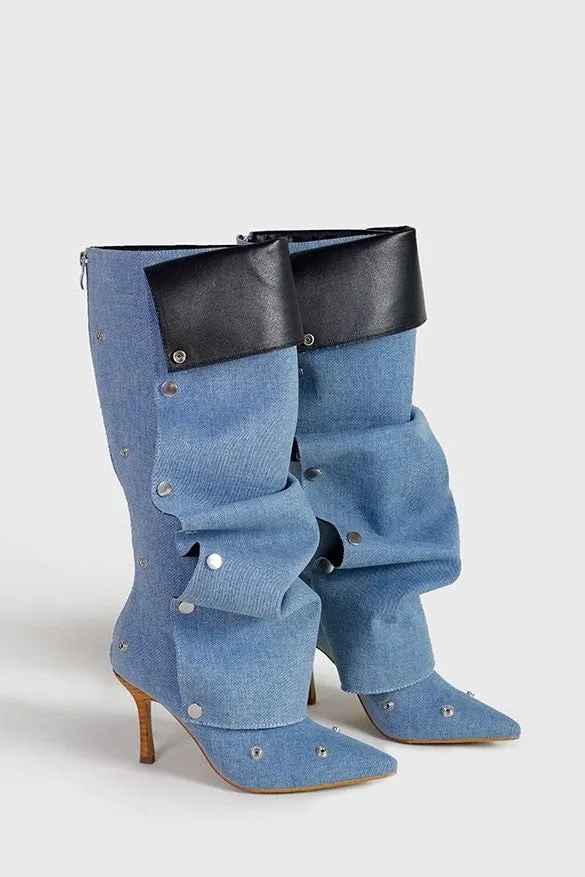 Isabela Appliqu Ruched  Denim Knee-high boots - Blue