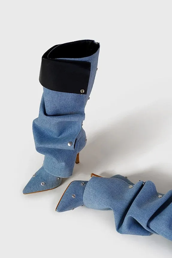 Isabela Appliqu Ruched  Denim Knee-high boots - Blue