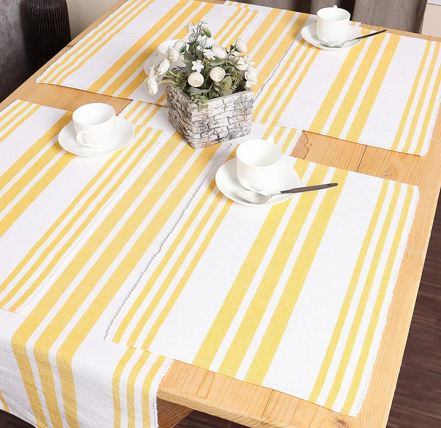  REDEARTH  Placemats-Yarn Dyed Ribbed Woven Table Linen for Square, Round, Rectangle Dining Table, Coffee Table, Console, Dresser; 100% Cotton (14x20"; Mustard) Set of 6
