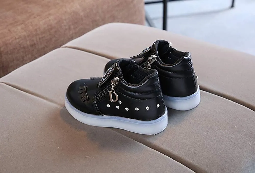 Toddler Girls hinestone Light Up Sneaker High Top Slip On Rubber Bottom Zipper Cute Fashion Baby Dressing Shoes Girl