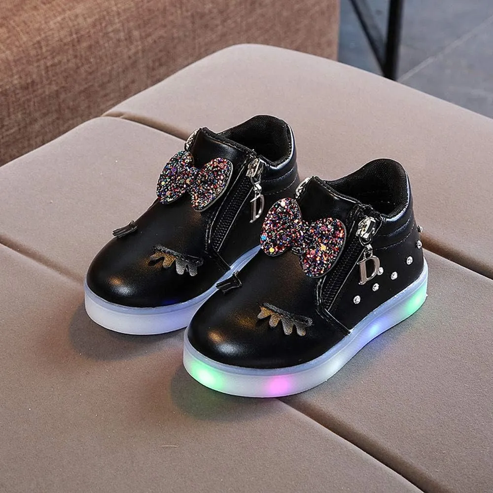 Toddler Girls hinestone Light Up Sneaker High Top Slip On Rubber Bottom Zipper Cute Fashion Baby Dressing Shoes Girl